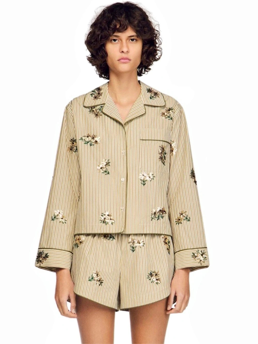 NWT SANDRO STRIPED SHIRT SEQUIN EMBROIDERY 4 white olive brown - Picture 3 of 8